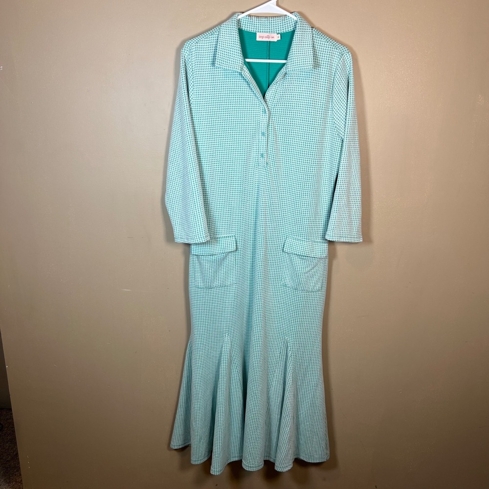 Ivy City Co Teal Houndstooth Godet Hem Midi Dress XL Flower Buttons Pockets